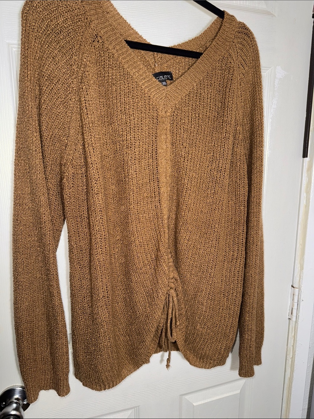 Cozy V-Neck Drawstring Sweater in Camel Brown